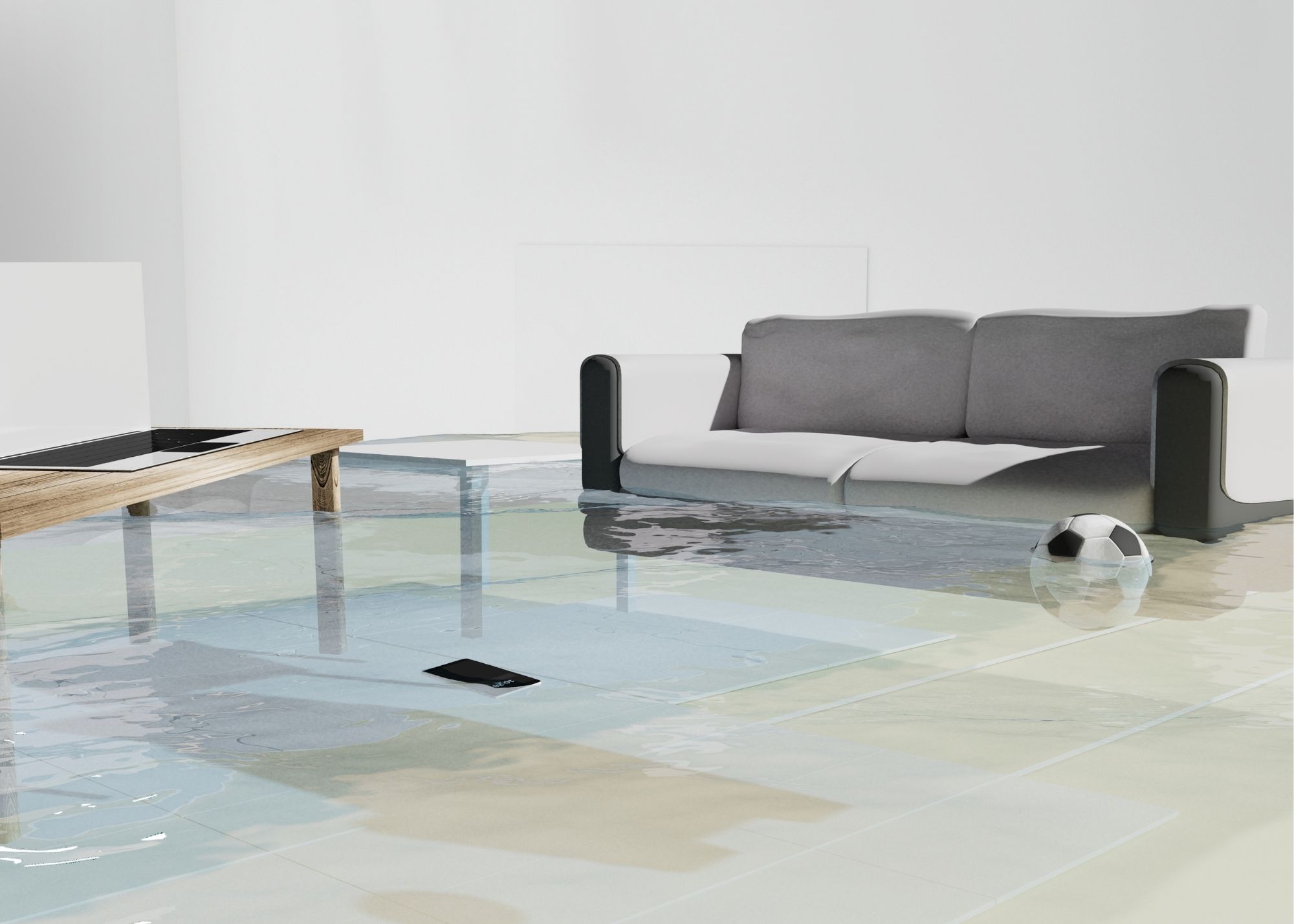 Standing water damage spreading across a living room floor in Sherman Oaks, CA
